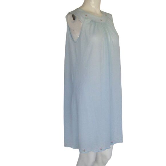 VINTAGE Nightgown, S, Nylon, Semi-sheer, Applique Flowers, Blue - Picture 3 of 8